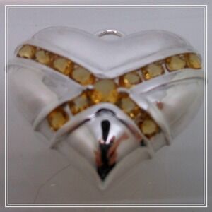 1990s Vintage Citrine Sterling Silver Gemstone Necklace Puff Heart Pendant Boxed